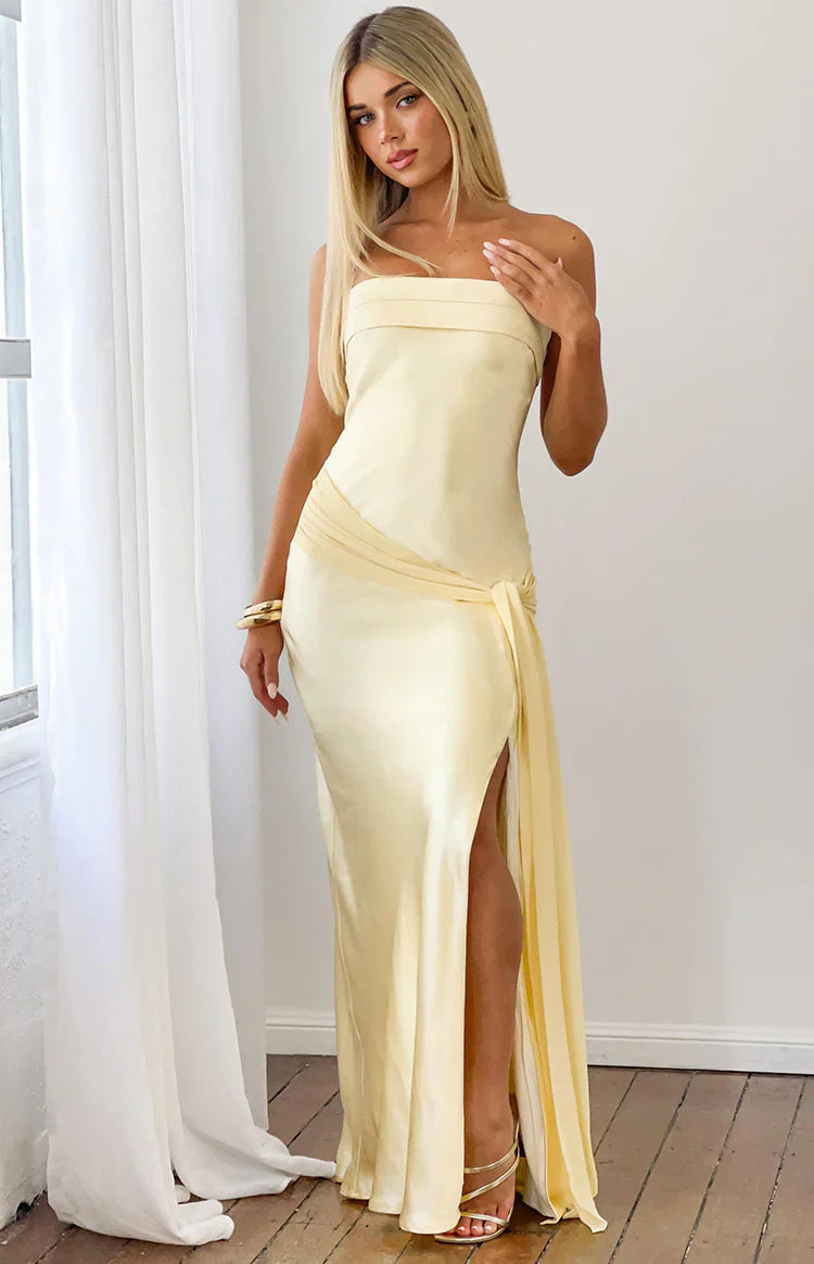 Novie Yellow Tie Detail Satin Strapless Maxi Dress - PRE ORDER