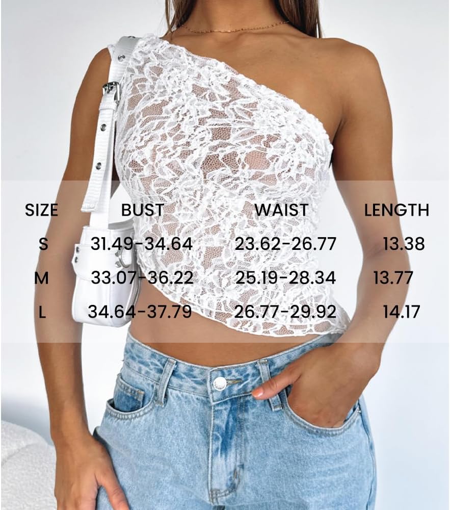 Women One Shoulder Lace Top Irregular Hem Backless Crop Tops See Through Sheer Tank Tops Going Out Clubwear