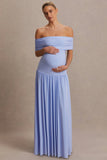 Juliette Powder Blue Bardot Neck Maternity Maxi Dress With Drop Waist