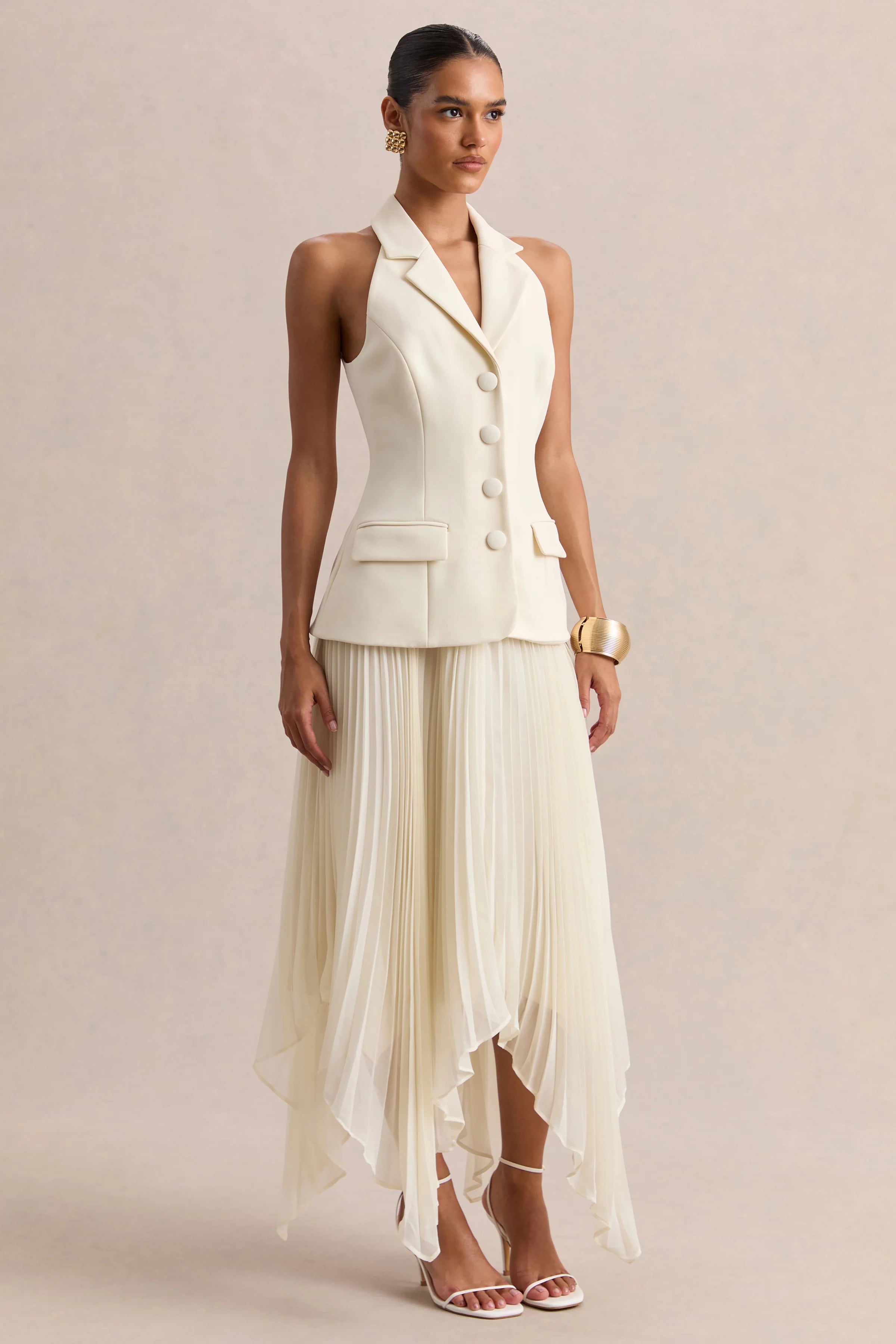 Marvelle Cream Plunge Neck Maxi Dress With Hanky Hem