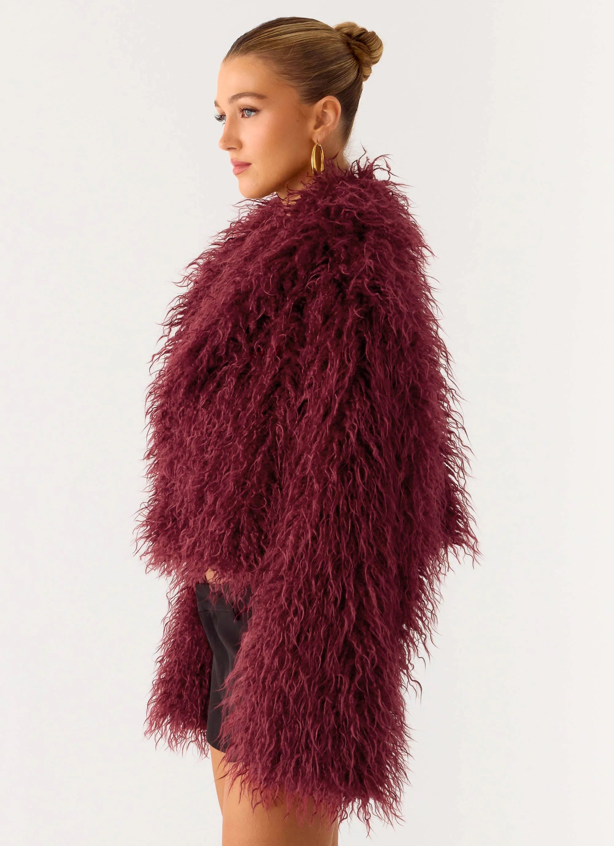Virginia Cropped Faux Fur Jacket Maroon