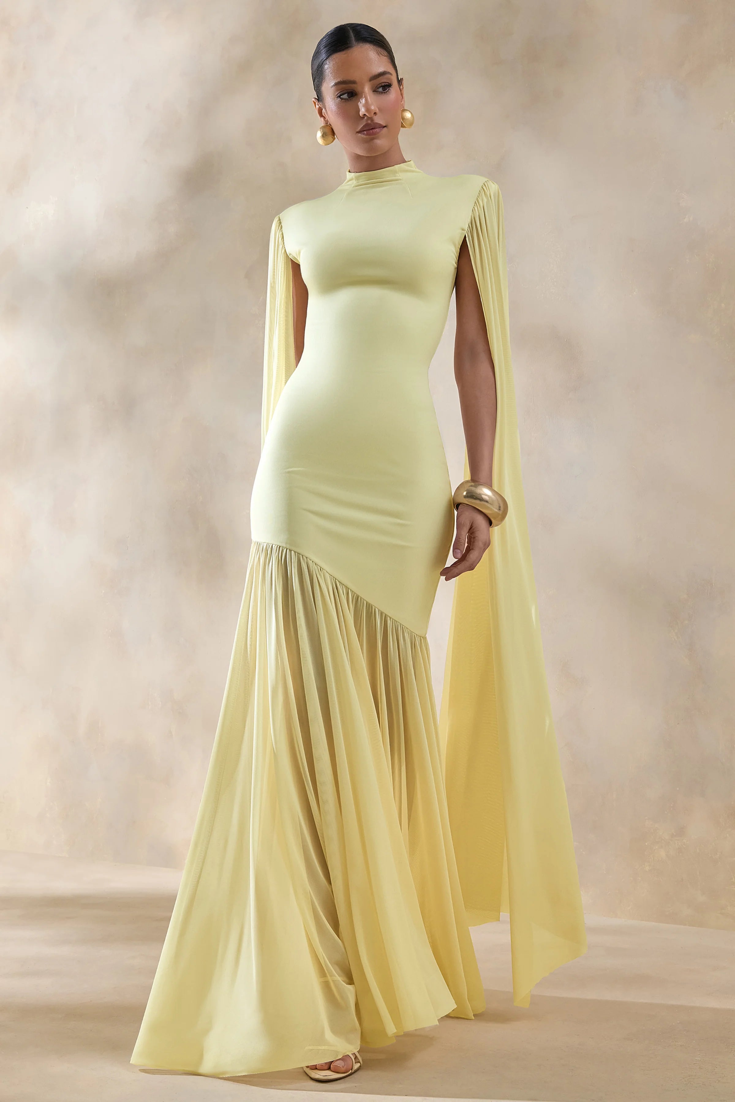 Chantelle Lemon High Neck Maxi Dress With Drop Waist And Cape Sleeves