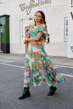 Women Floral Maxi Dress Short Puff Sleeve V Neck Bohemian Flowy Dress Smocked Casual Spring Summer Dresses