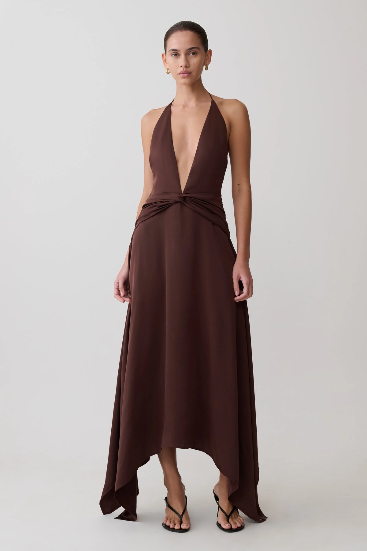 Cyra Plunge Satin Midi Dress Dark Chocolate