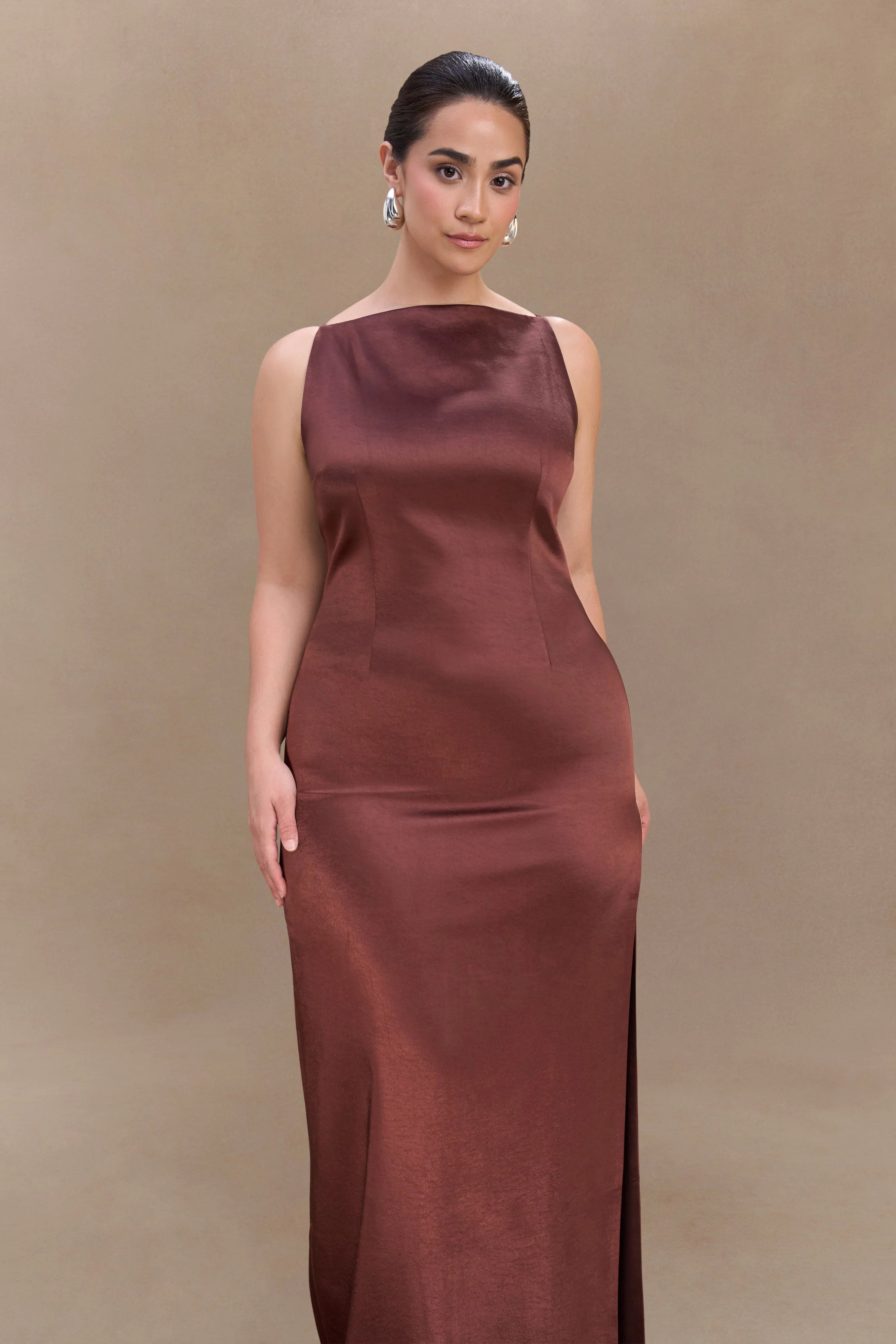 Violet Sleeveless Satin Maxi Dress Dark Chocolate