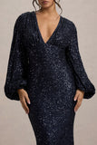 Kaelin Navy Sequin Plunge Neck Maxi Dress