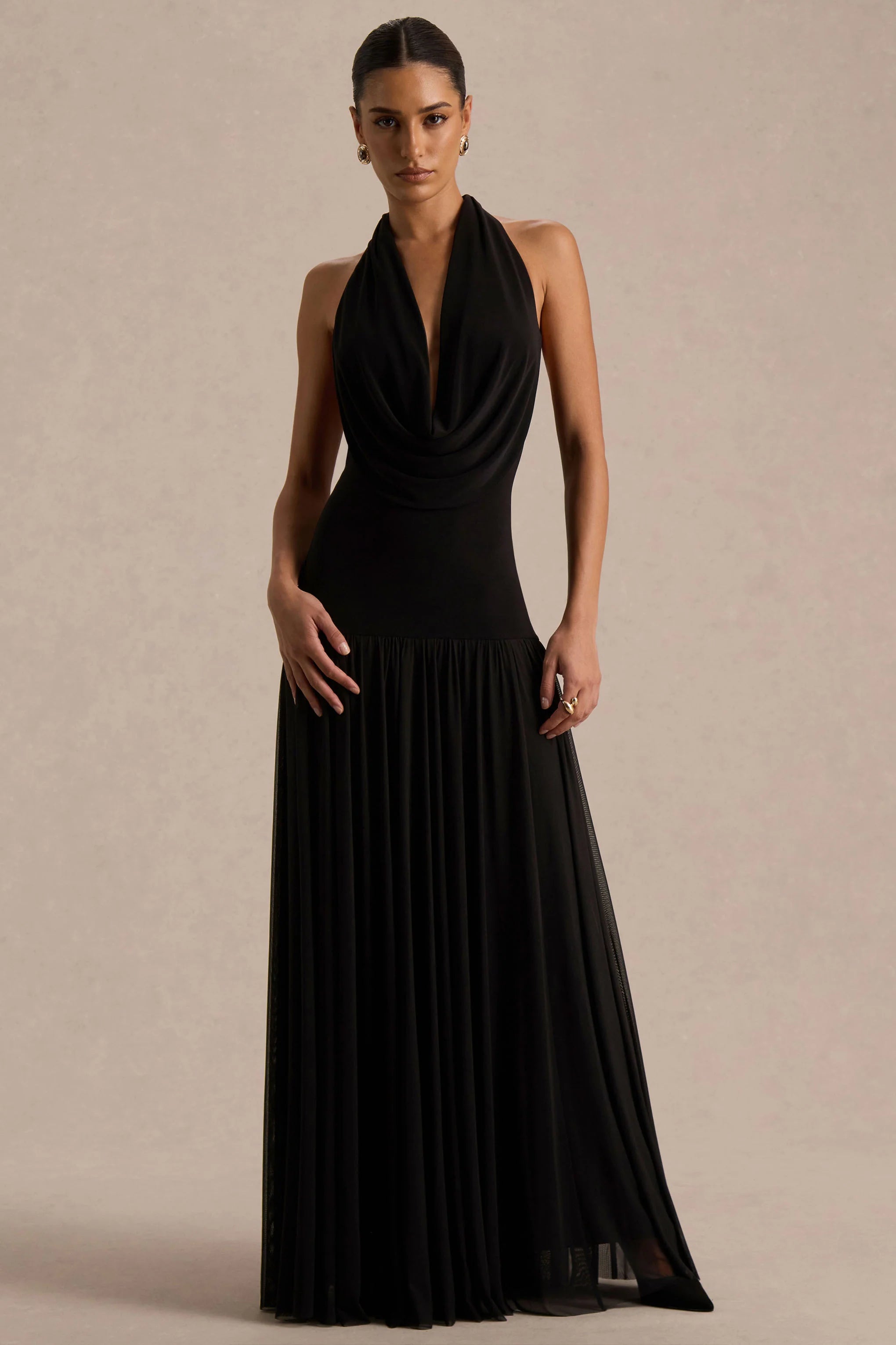 Verity Black Cowl Neck Maxi Dress With Sheer Skirt