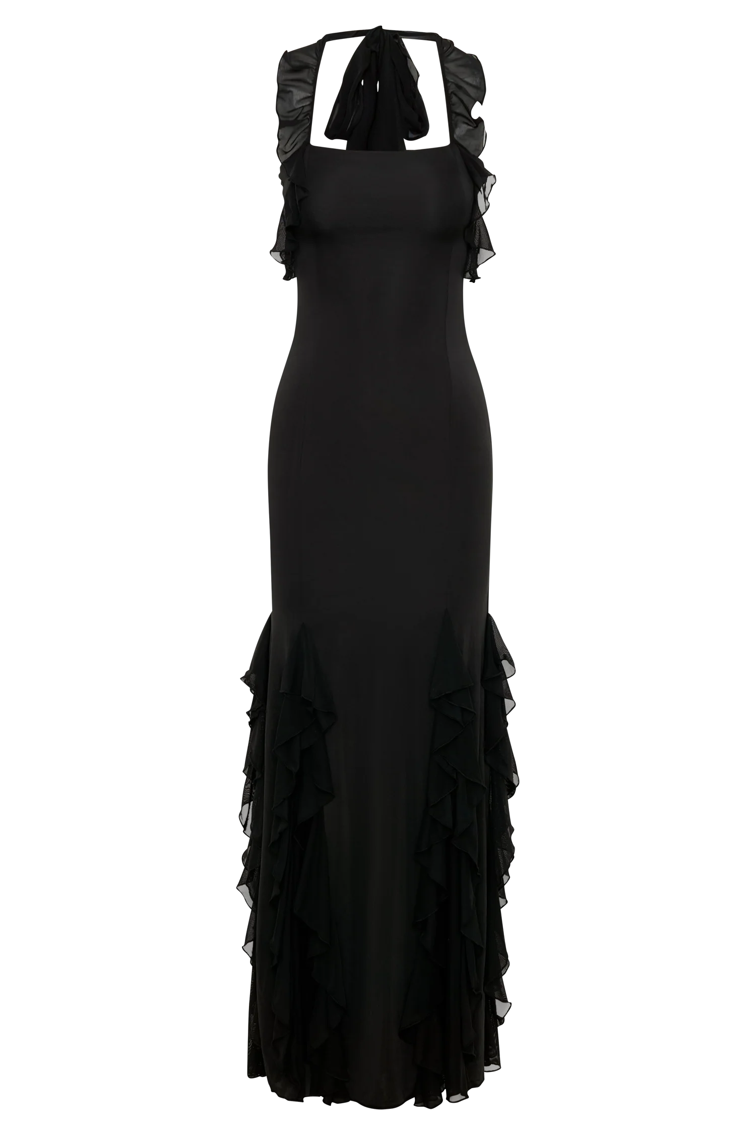 Etta Ruffle Slinky Maxi Dress Black