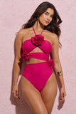 Monaco Dark Pink Halter Neck Swimsuit With Corsages