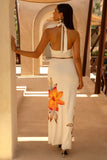 Stassi Orange Floral Placement Print Ruched Split Maxi Skirt
