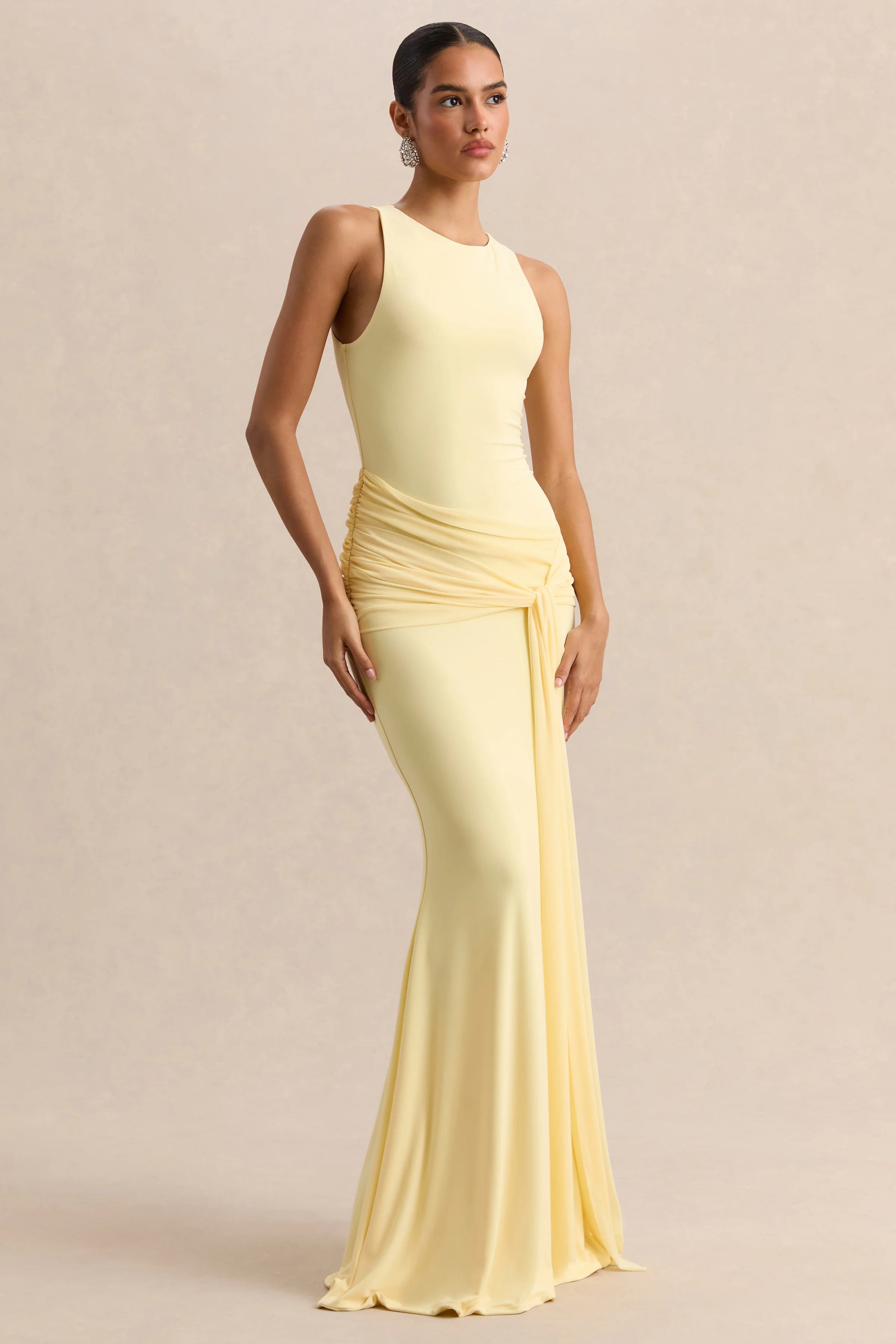 Mirene Lemon Round Neck Maxi Dress With Gathered Detailing And Sash