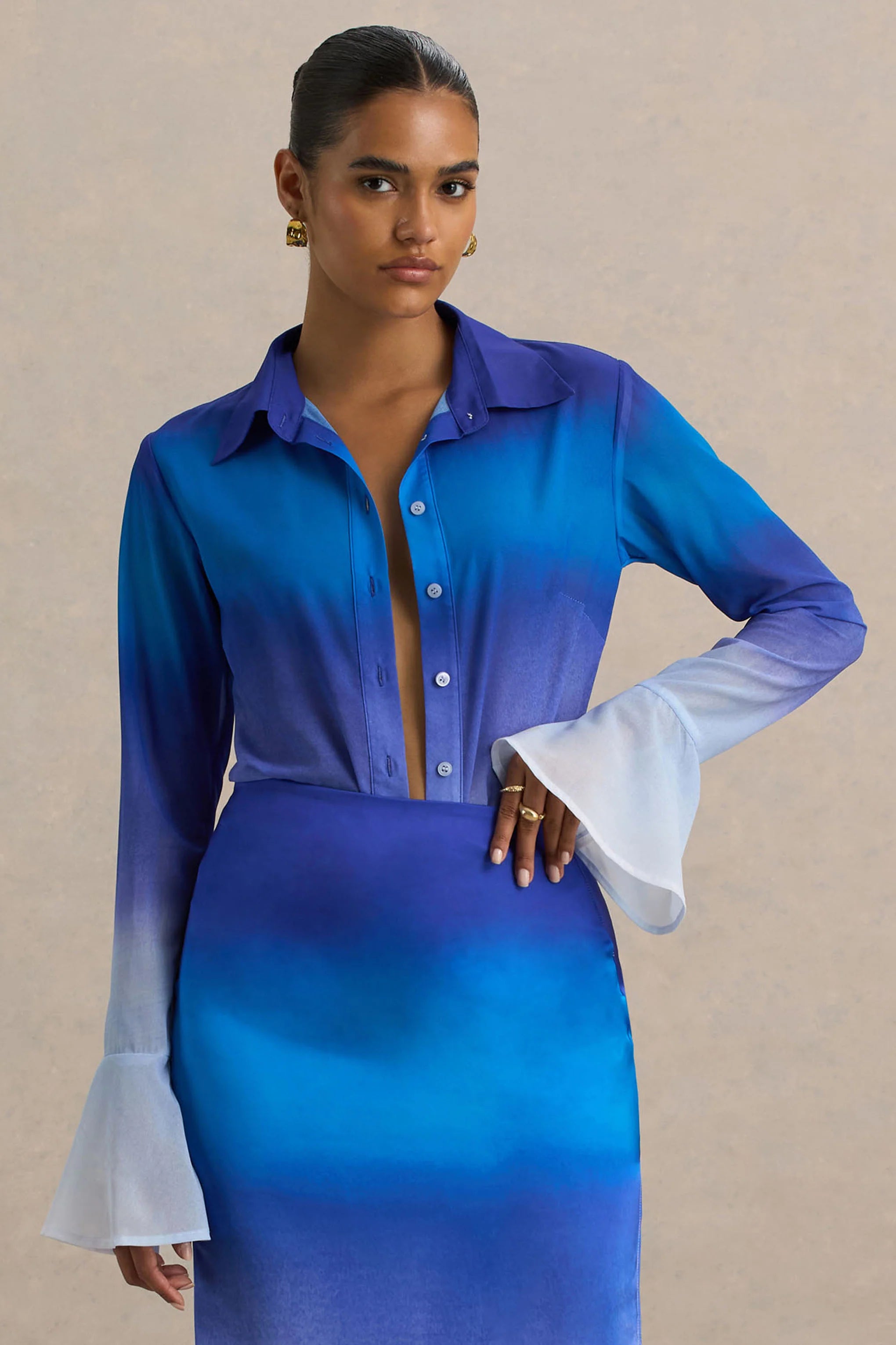 Tahiti Blue Ombre Flared Sleeve Shirt