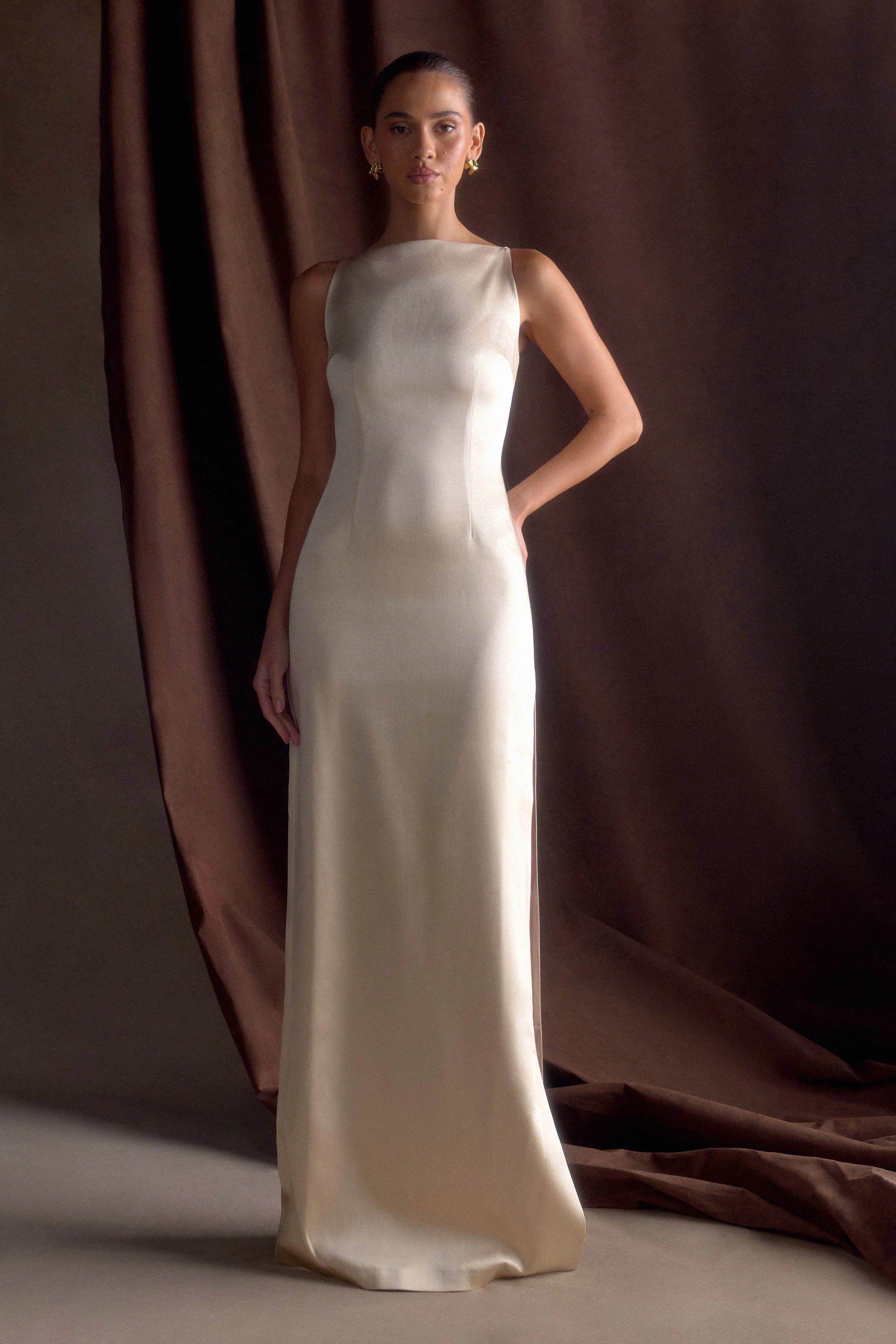 Violet Sleeveless Satin Maxi Dress Blush Gold