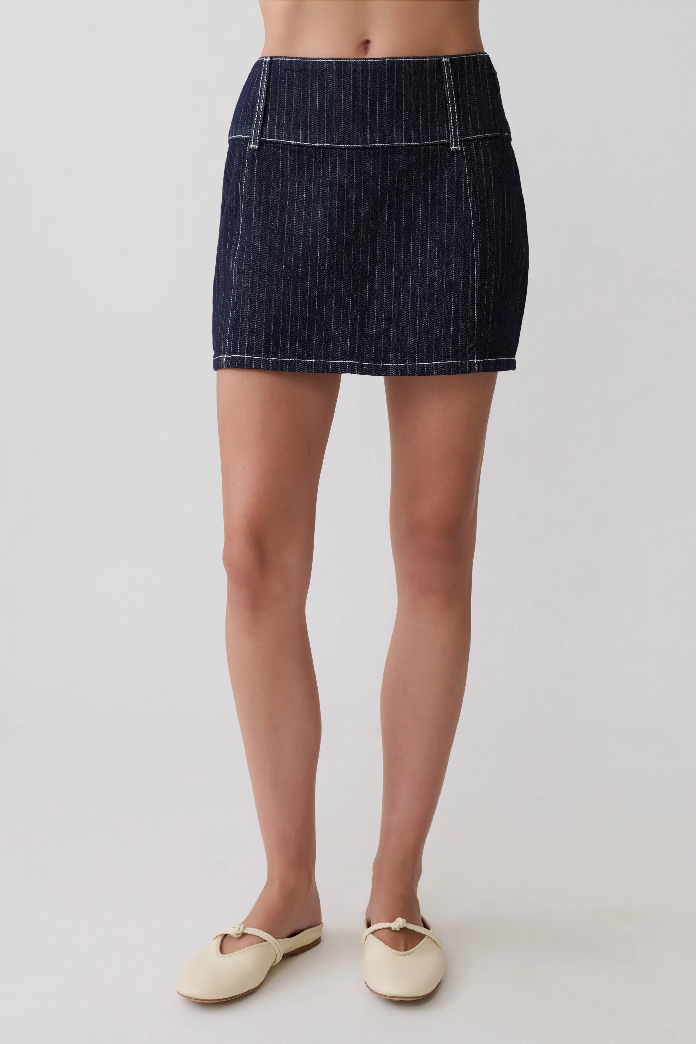 Loraine Mid Rise Denim Mini Skirt Indigo Pinstripe