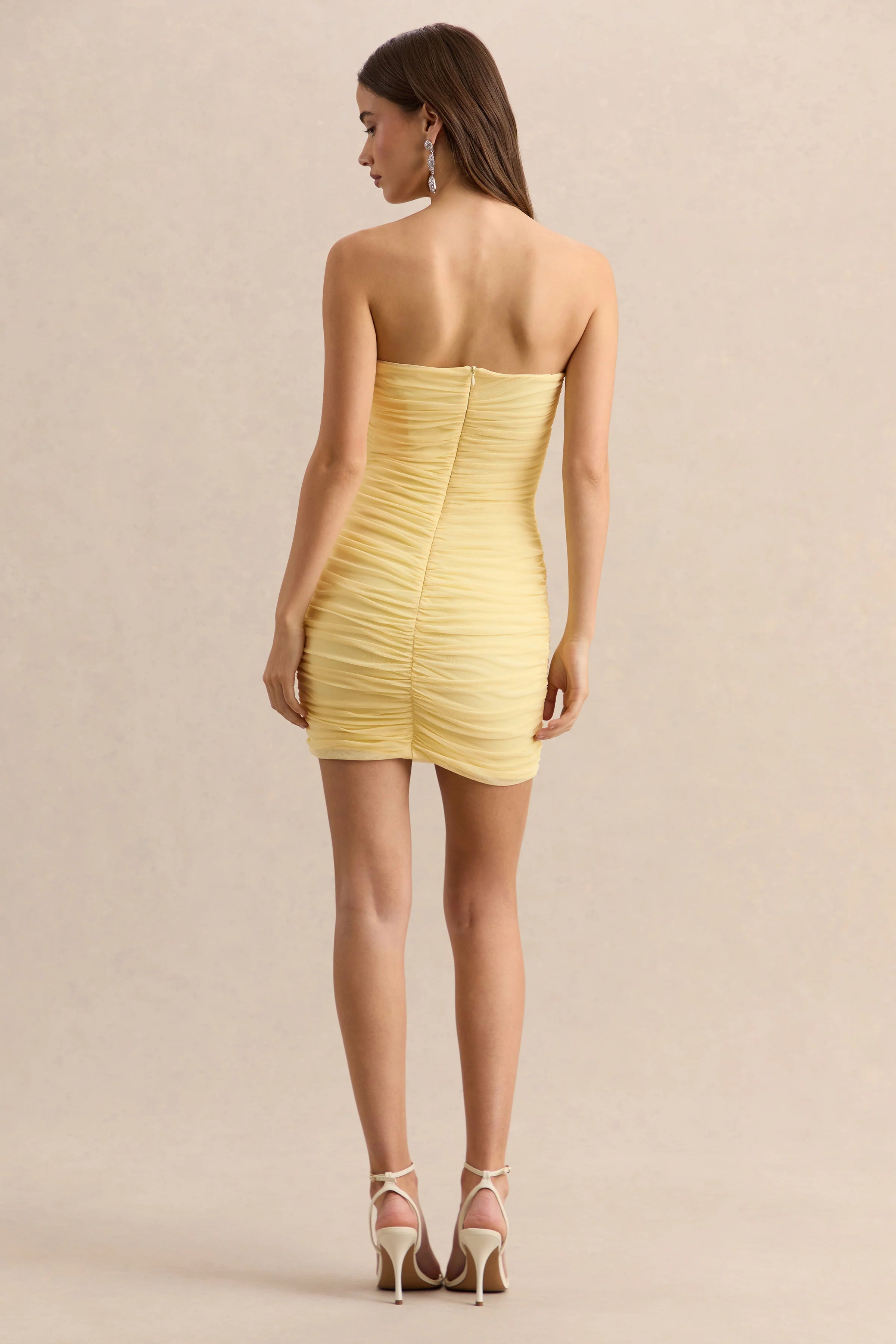 Merisse Lemon Bandeau Mini Dress With Ruched Detailing