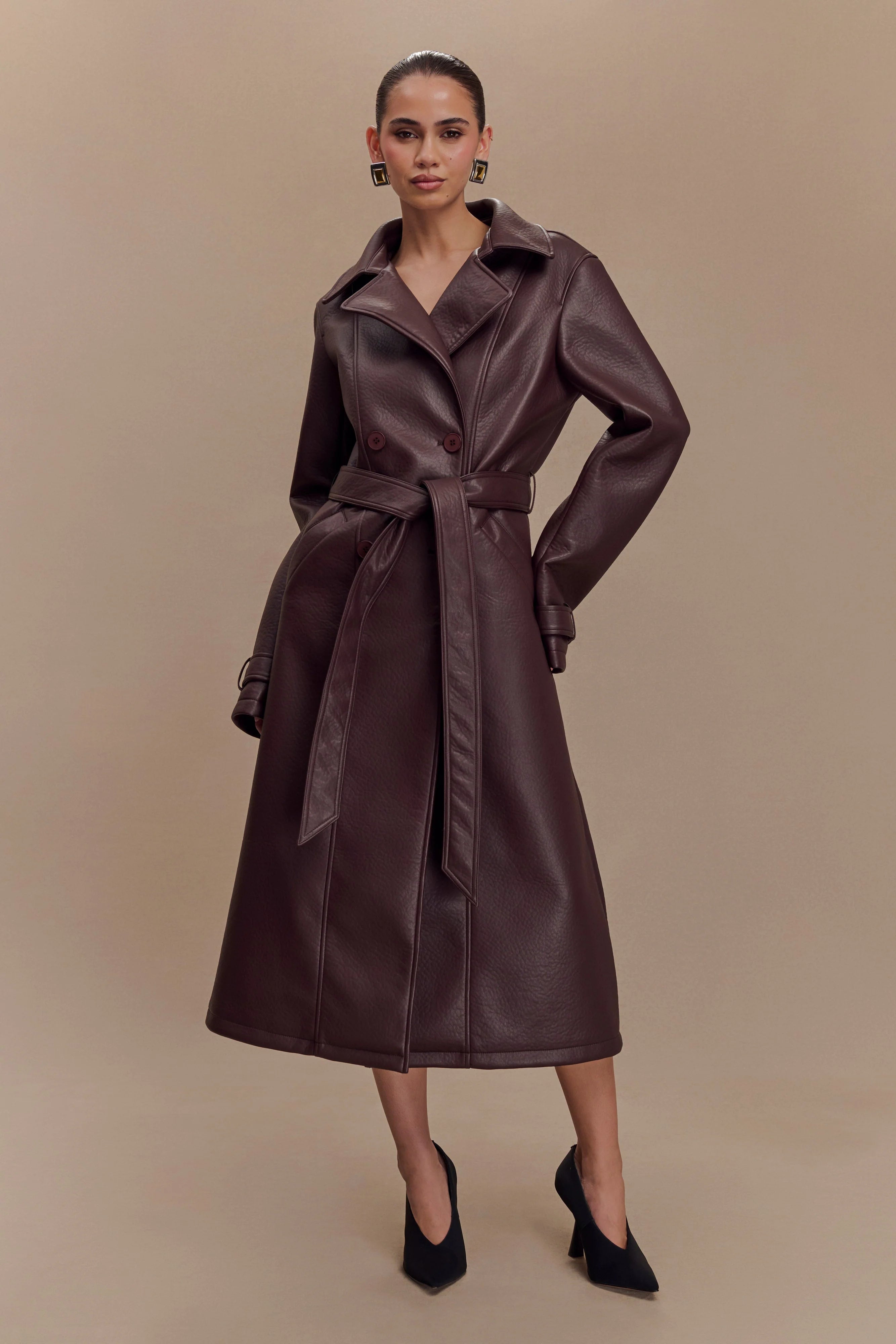 Tarah Faux Leather Trench Coat Cacao Brown