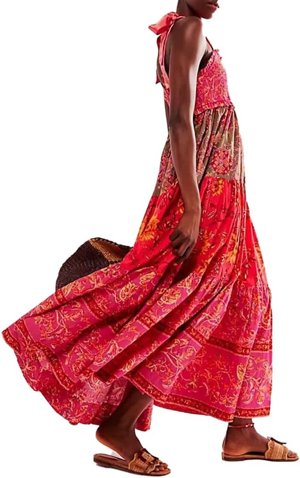 Women Floral Maxi Dress Tie Shoulder Patchwork Smocked Flowy Boho Dress with Pockets Summer Vacation Sundress
