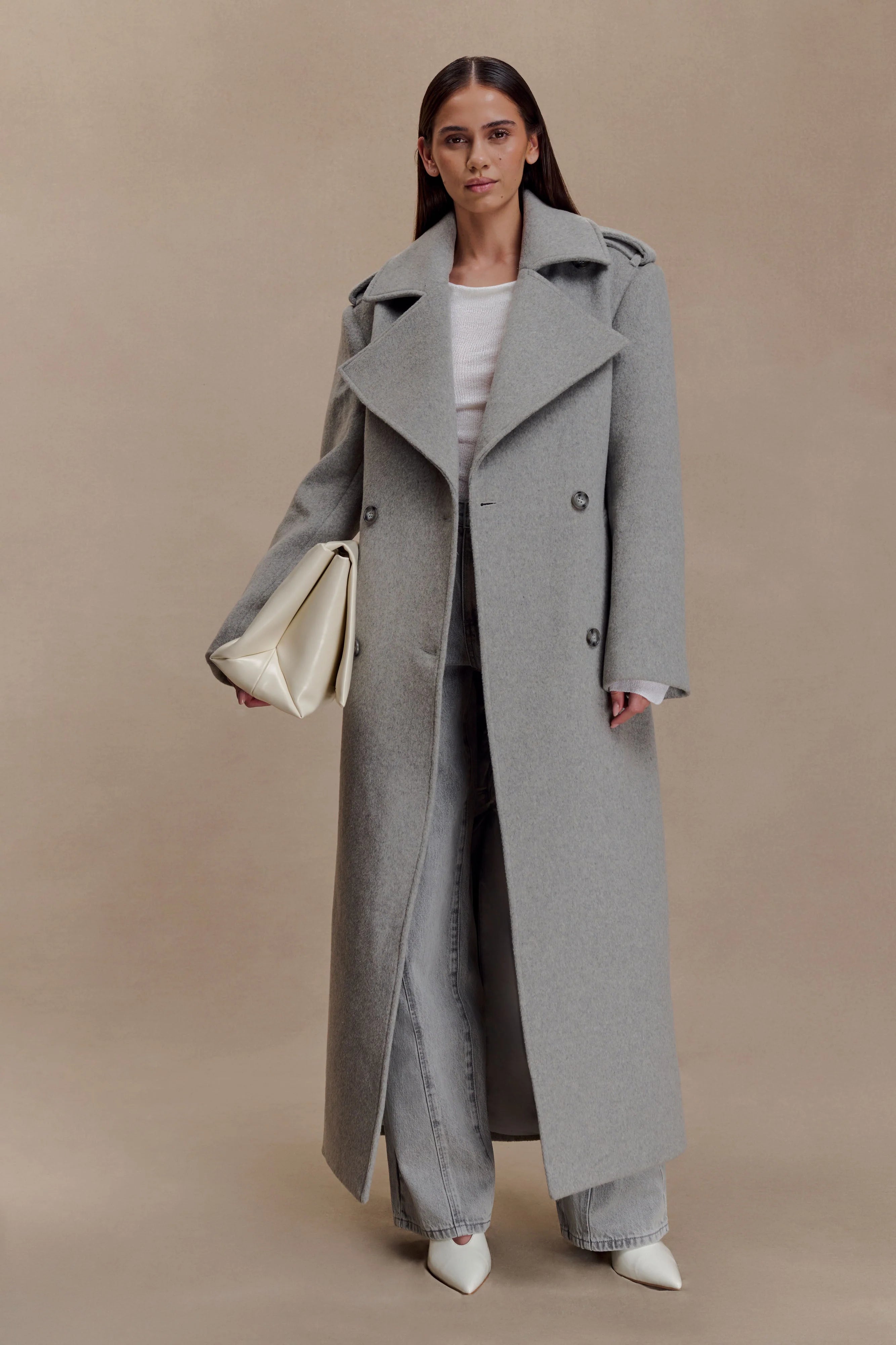 Levi Long Trench Wool Coat Grey Marle