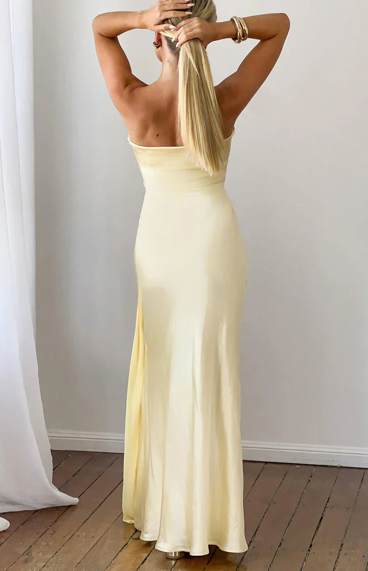 Novie Yellow Tie Detail Satin Strapless Maxi Dress PRE ORDER