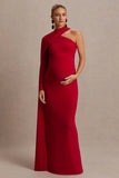 Tessy Red Asymmetric Neck Maternity Maxi Dress With Cape Sleeve