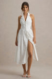 Jezebel White Lace Plunge Neck Collared Midi Dress