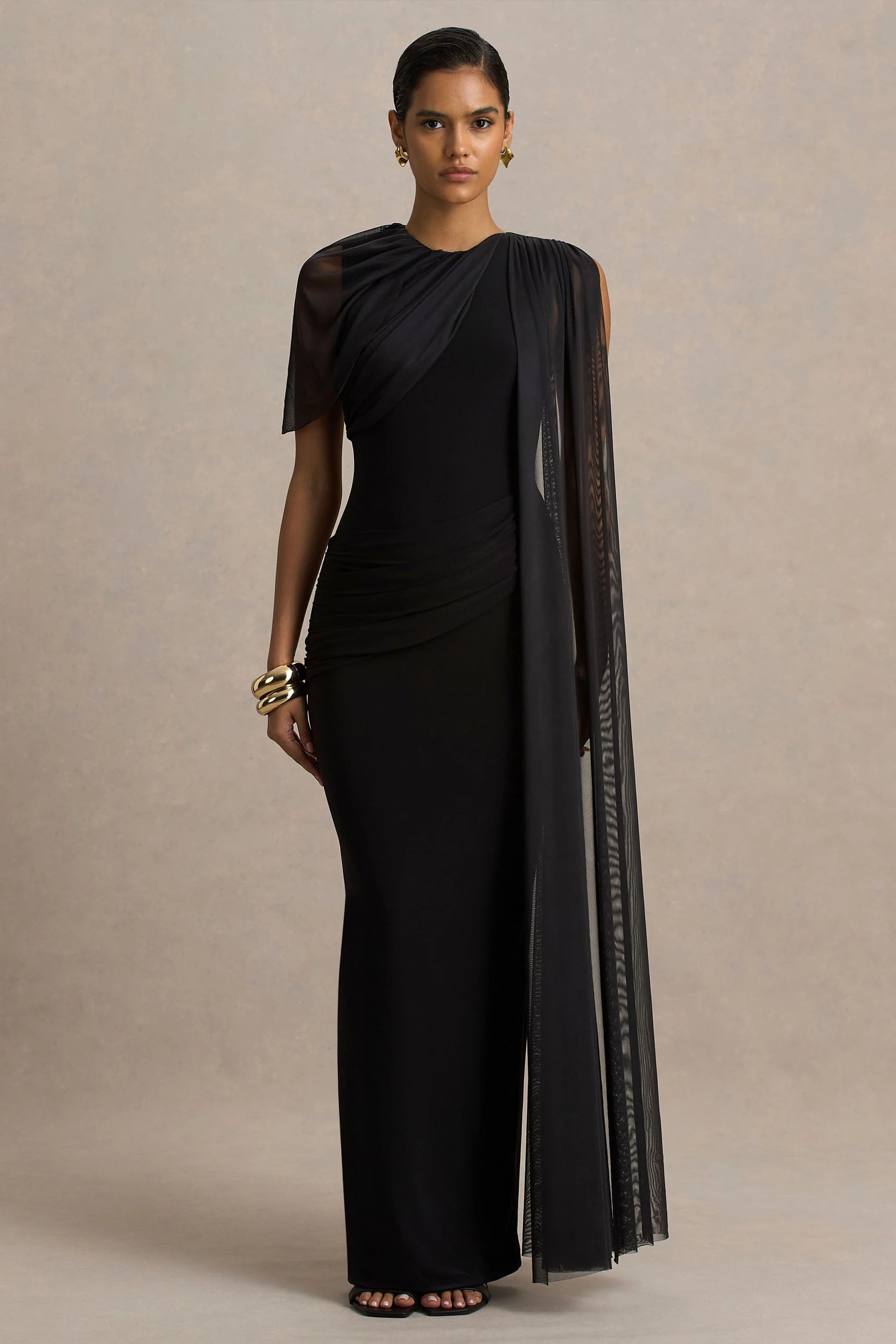 Brenda Black Crew Neck Maxi Dress With Mesh Cape And Sash