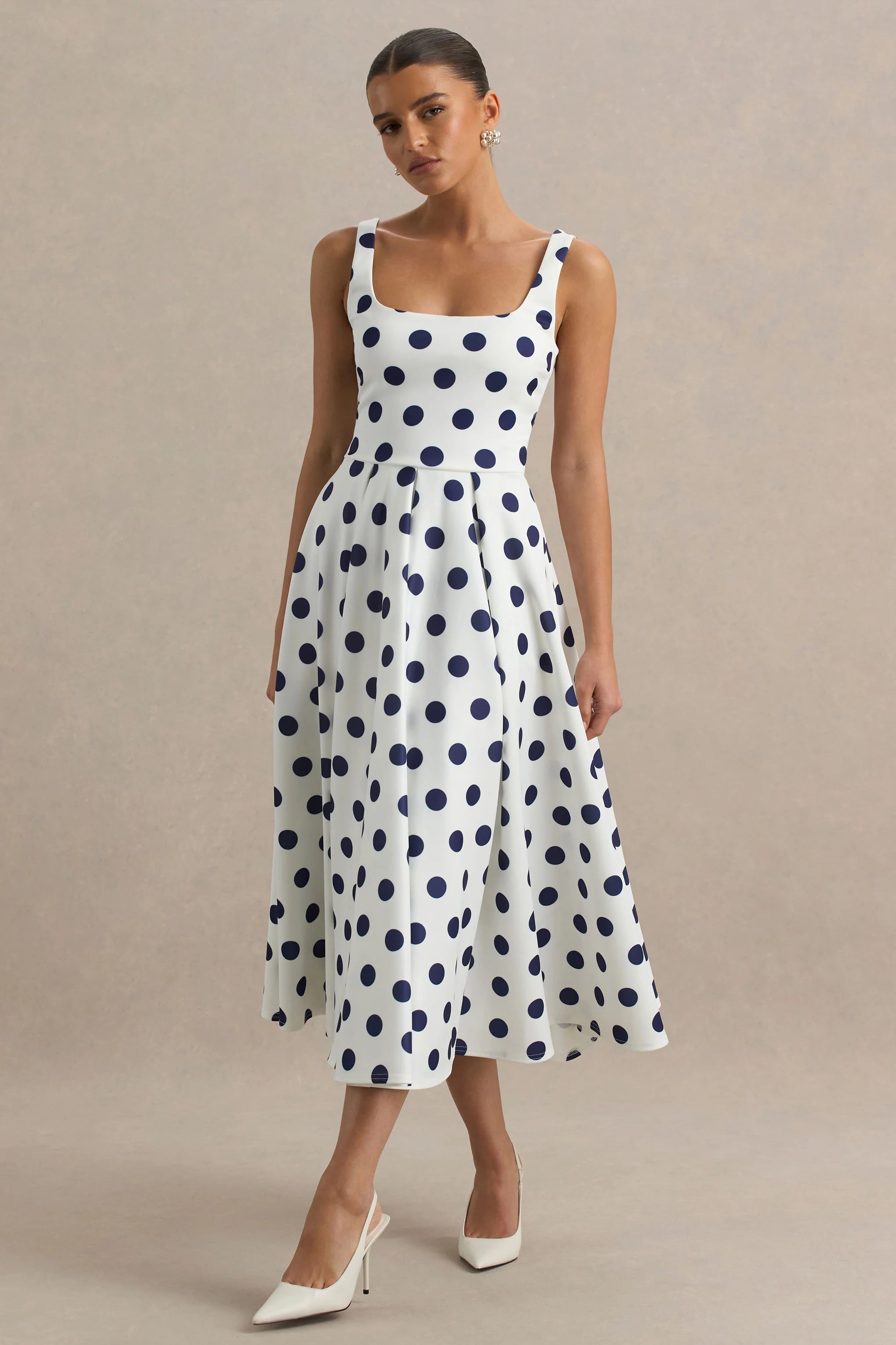 Berta White And Navy Polka Dot Square Neck Midi Dress