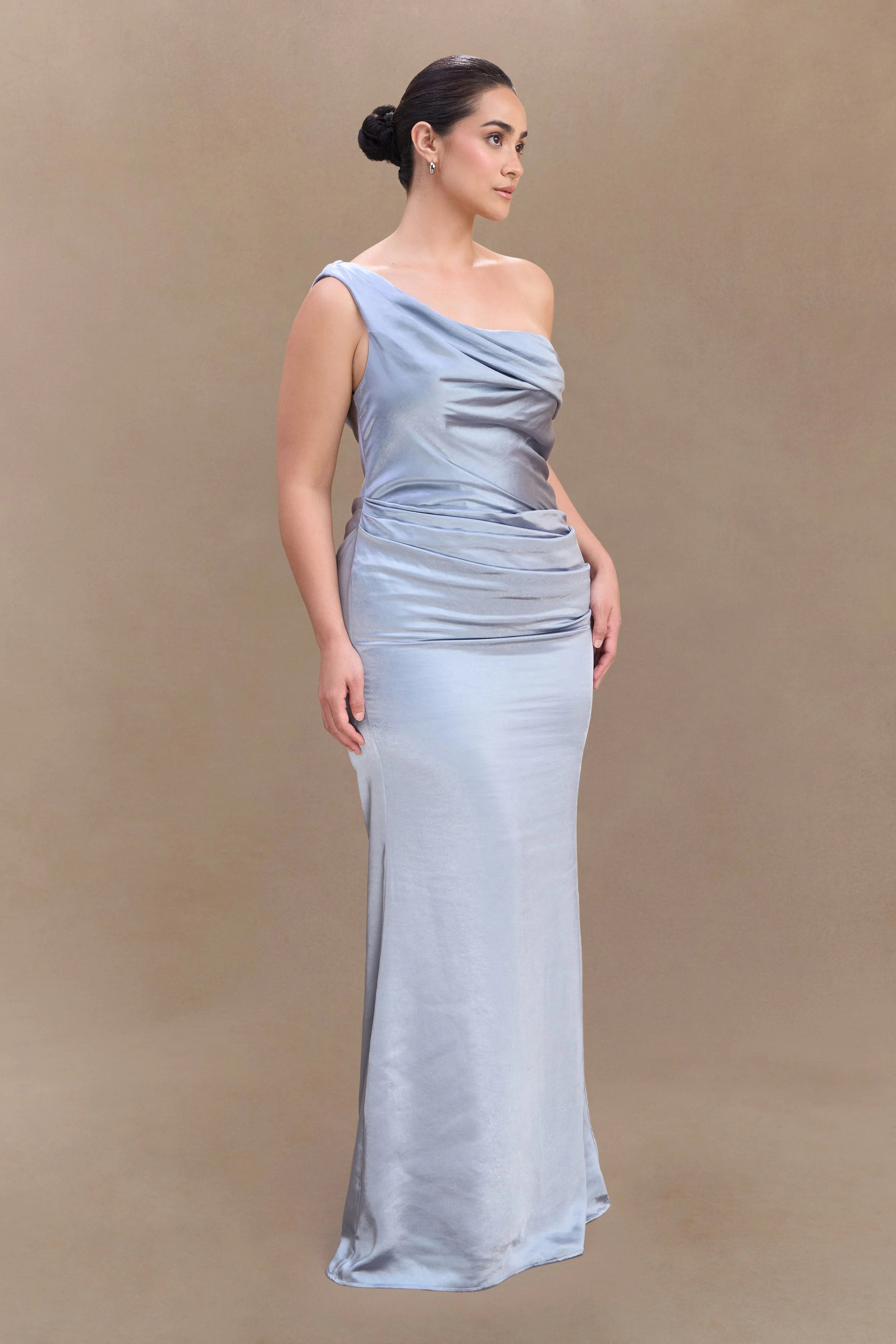 Dalia Off Shoulder Satin Maxi Dress Frosted Blue