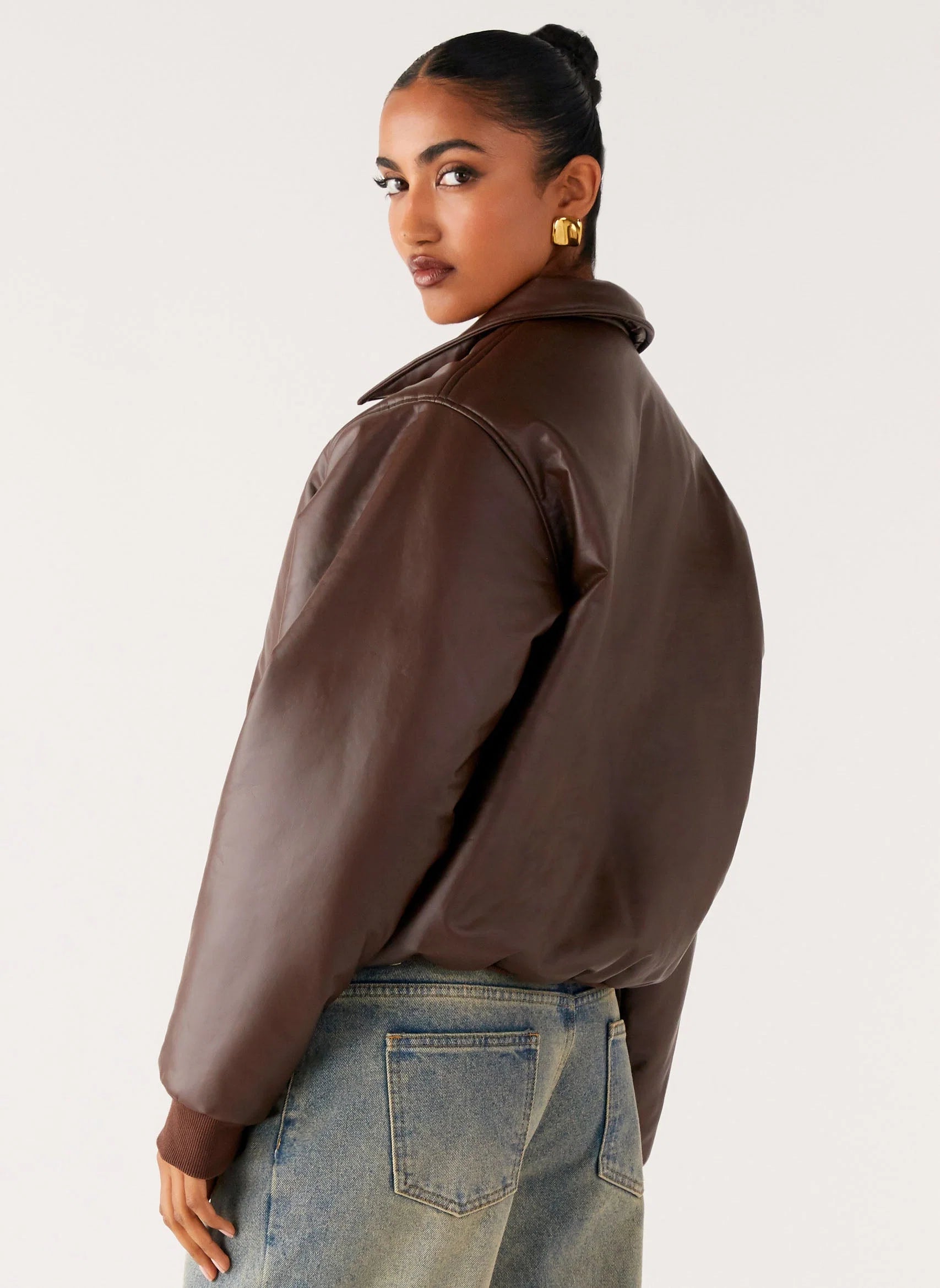 Outlands Faux Leather Bomber Jacket Chocolate