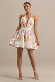 Kasey Cream Floral Print Halter Neck Mini Dress With Ruffle Detail