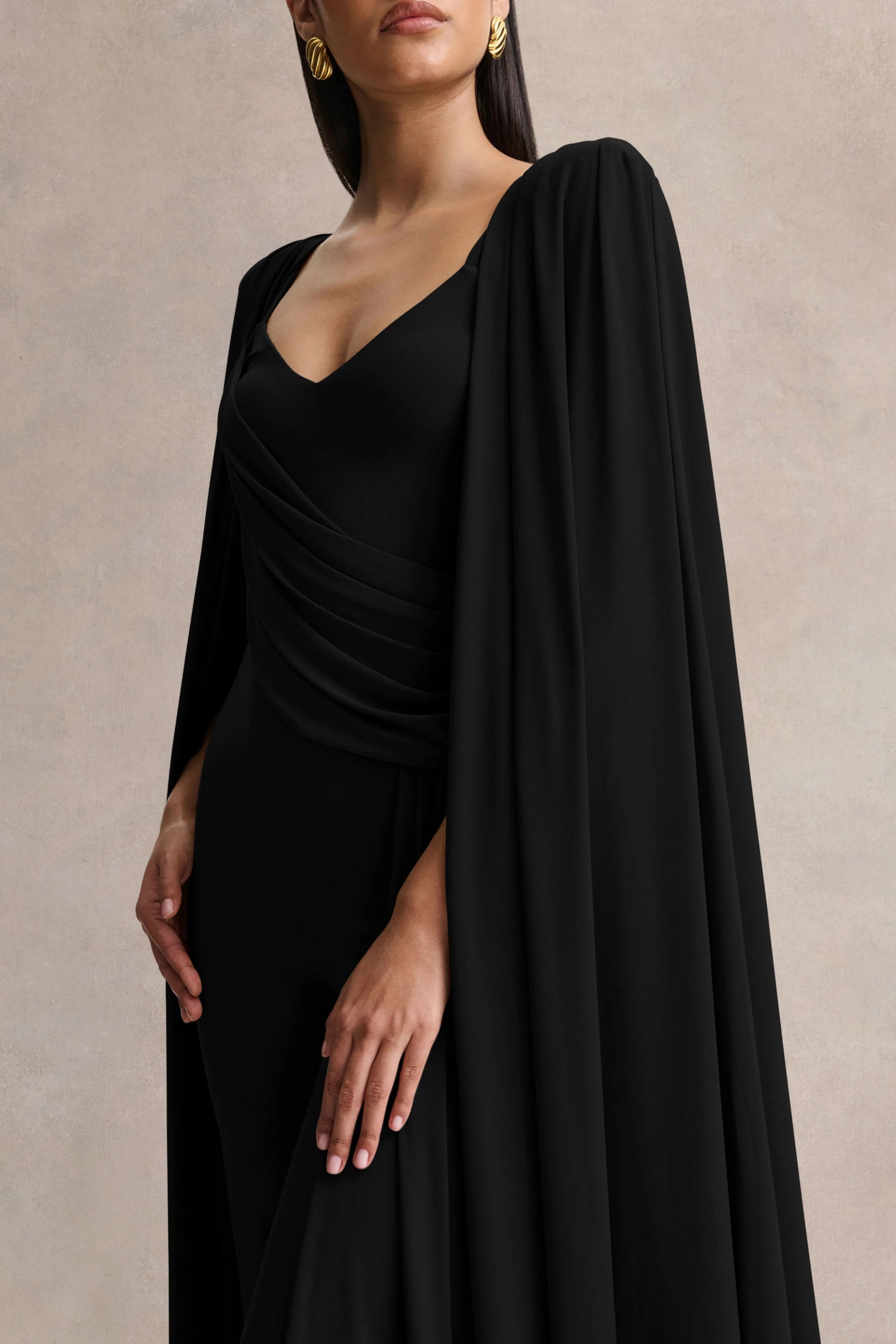 Labina Black Plunge Neck Jumpsuit With Cape Sleeves