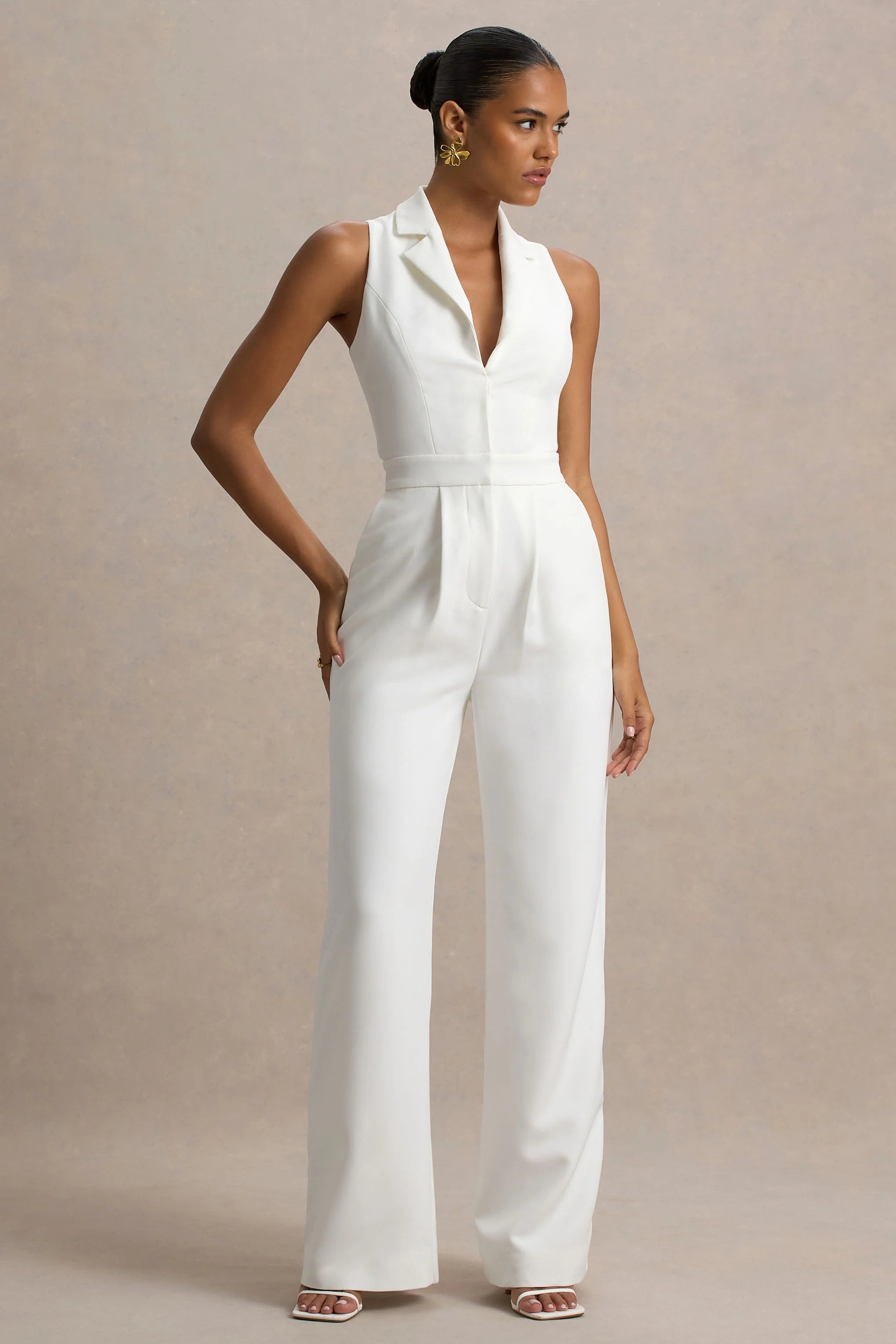 Trixie White Plunge Neck Tailored Jumpsuit