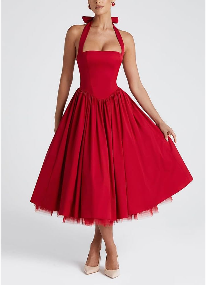 Women Halter Midi Dress Corset Back Layered Tulle Skirt A Line Formal Dresses Wedding Guest Bridal Shower