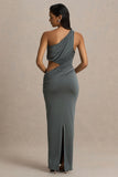 Serefine Grey Asymmetric Neck Maxi Dress With Body Cut Out