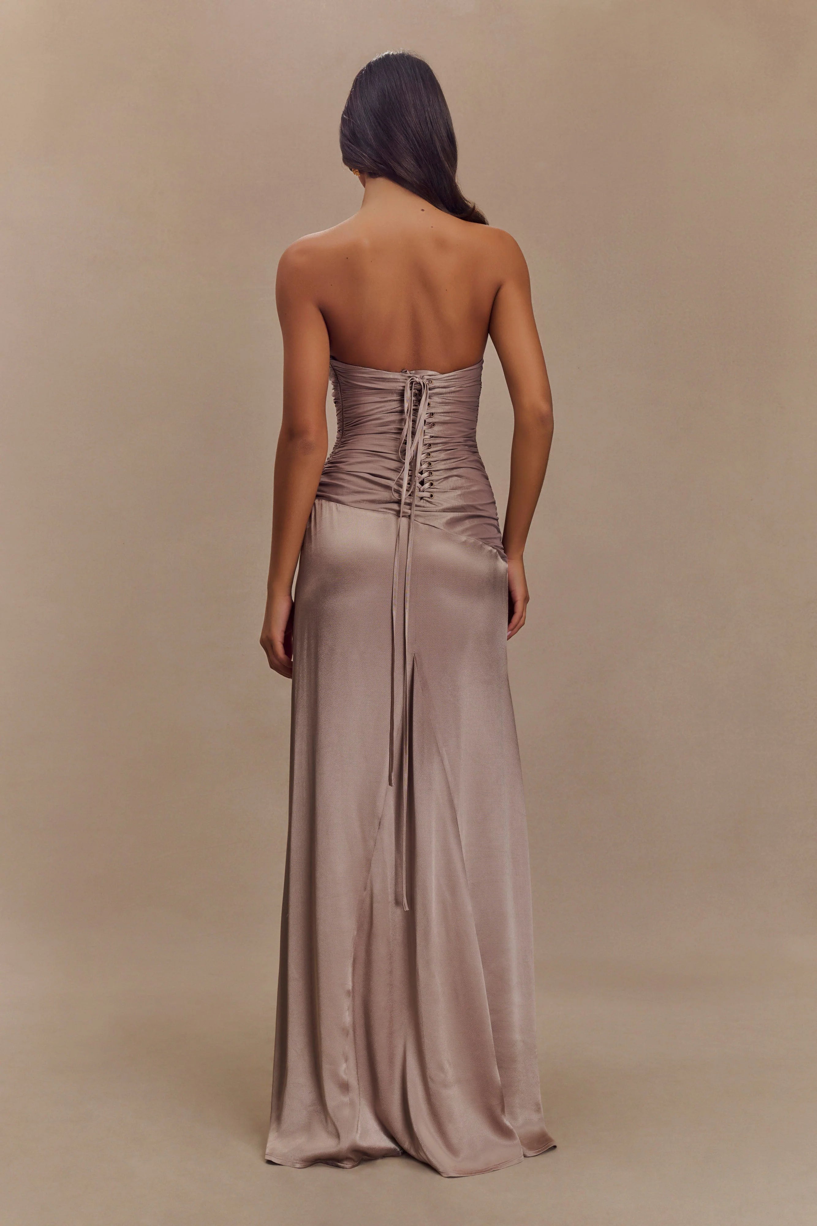 Serena Strapless Taffeta Maxi Dress Bronze Taupe
