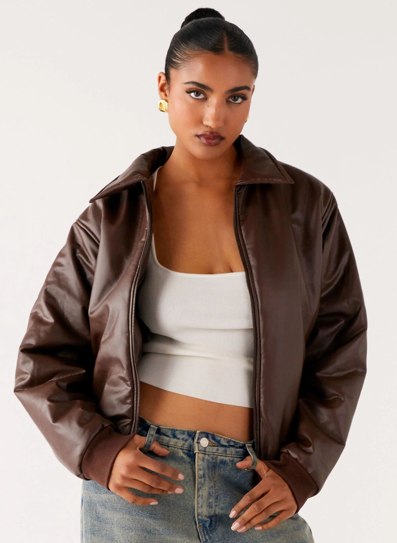 Outlands Faux Leather Bomber Jacket Chocolate