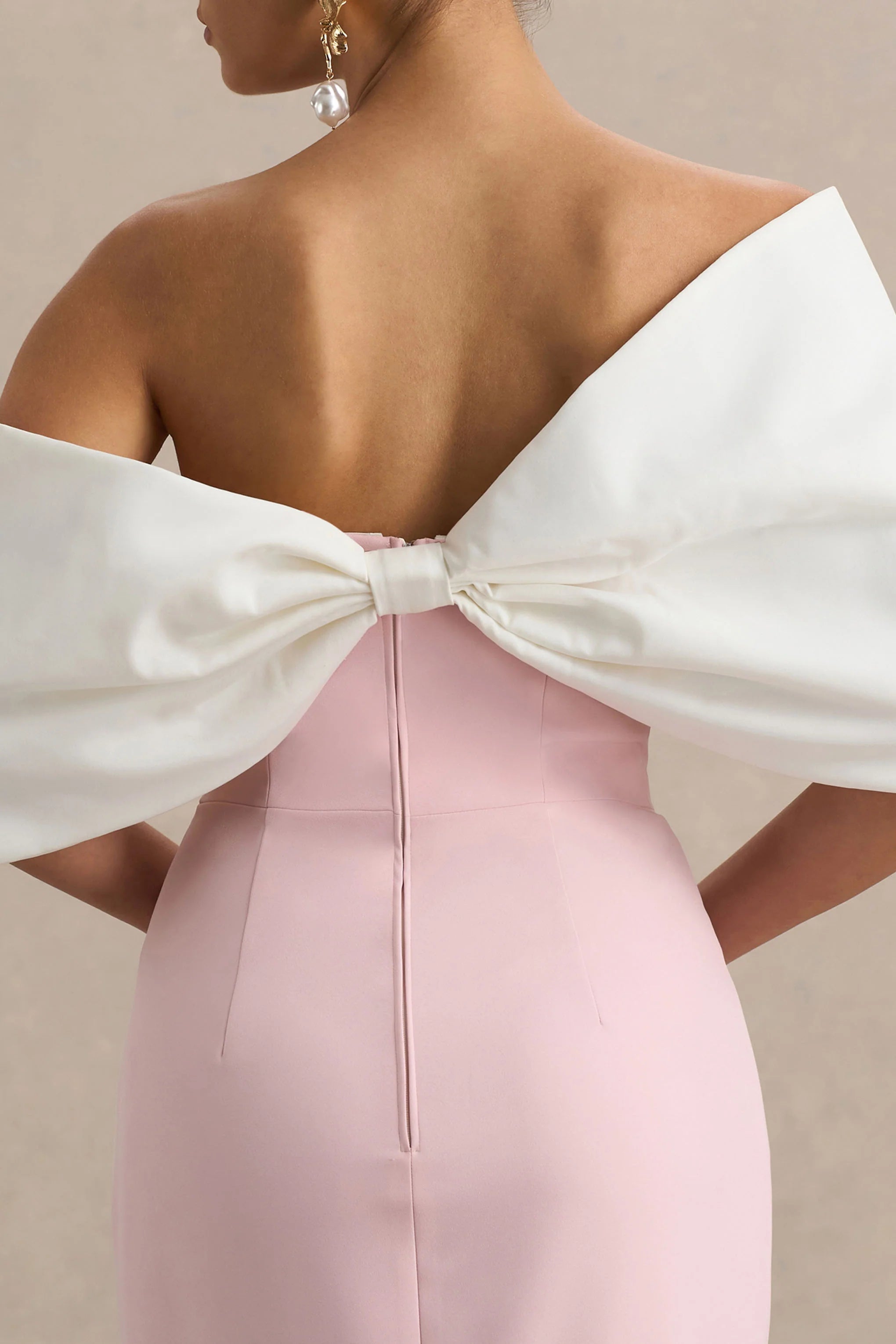 Lucille Rose Pink Asymmetric Bardot Midi Dress With Bow Detail