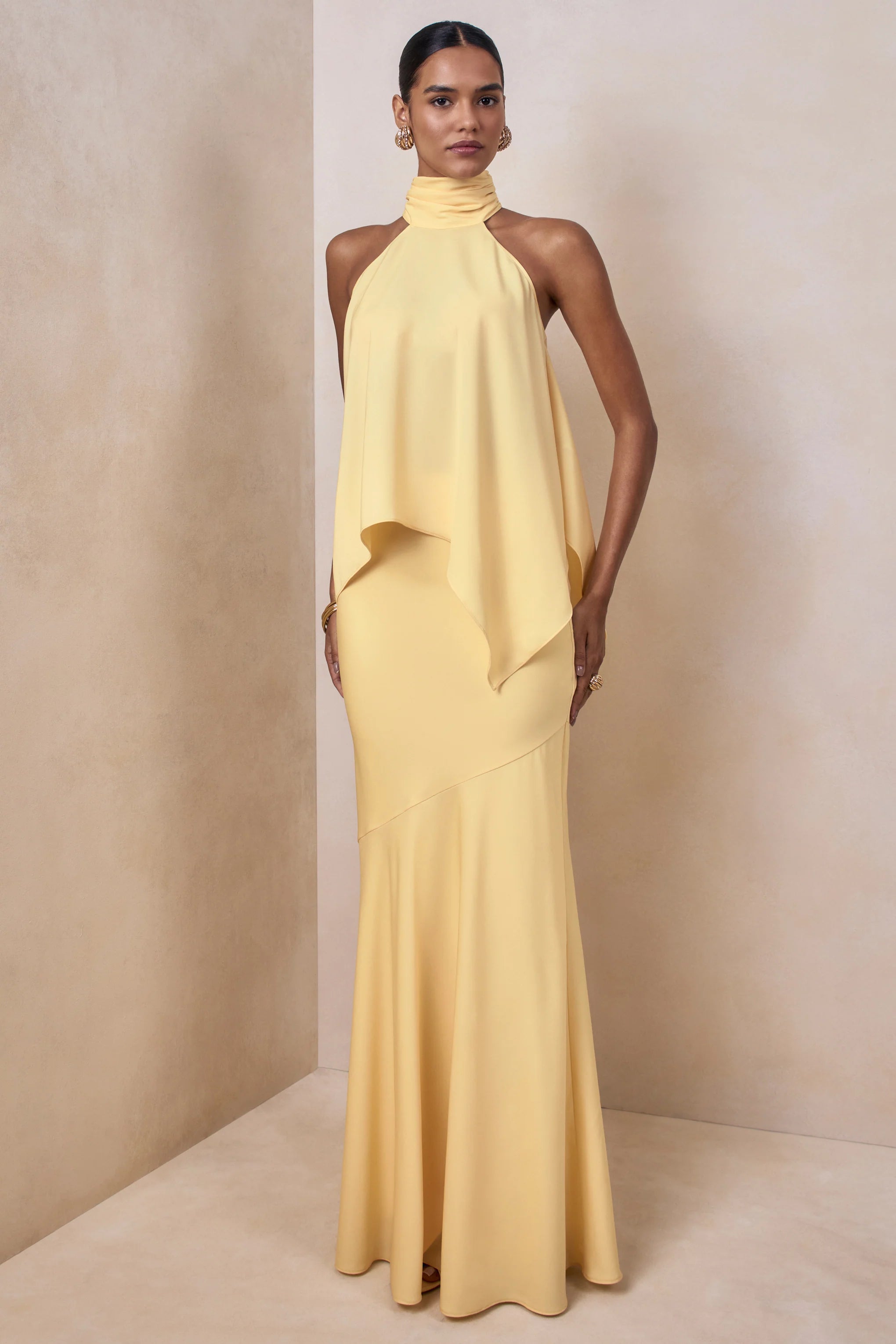 Vayla Lemon Matte Satin Asymmetric Drop Waist Maxi Skirt