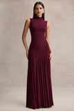Gigi Burgundy High Neck Maxi Dress With Drop Waist And Sheer Skirt