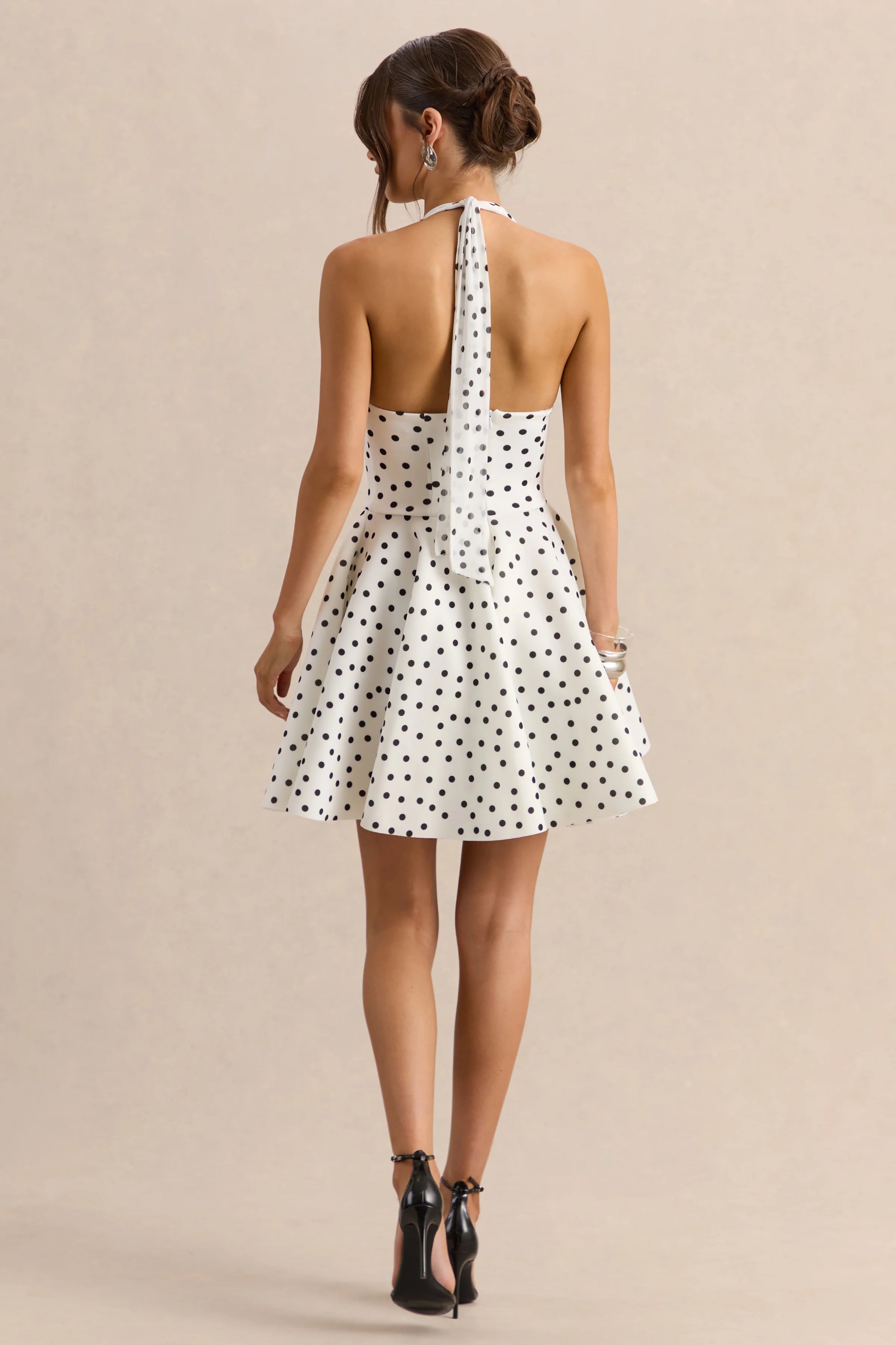 Peggy White Black Polka Dot Halter Neck Skater Mini Dress