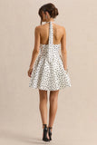 Peggy White Black Polka Dot Halter Neck Skater Mini Dress