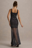 Galaxia Black White Polka Dot Maxi Dress With Mesh Skirt