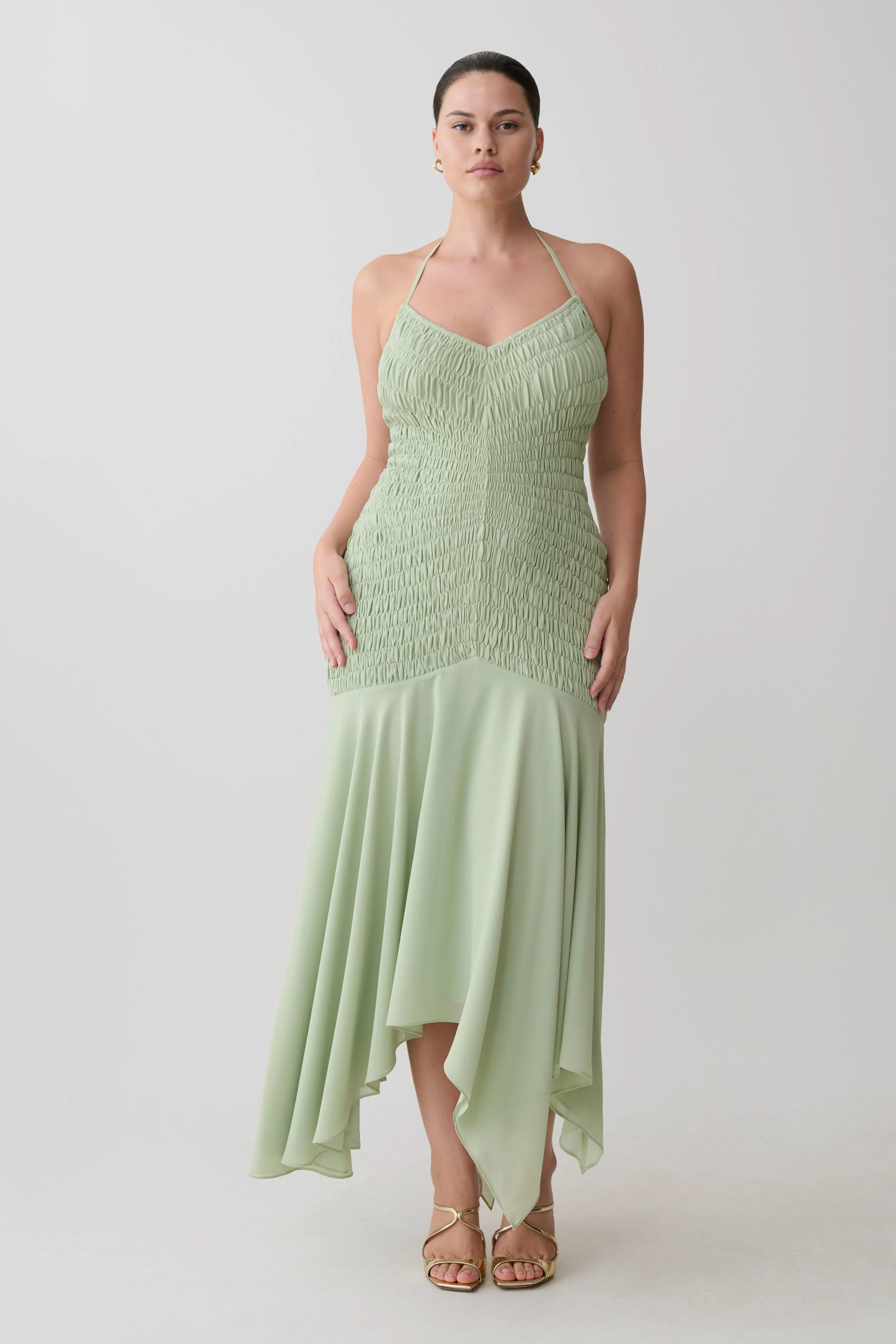 Evelyn Shirred Chiffon Maxi Dress Sage