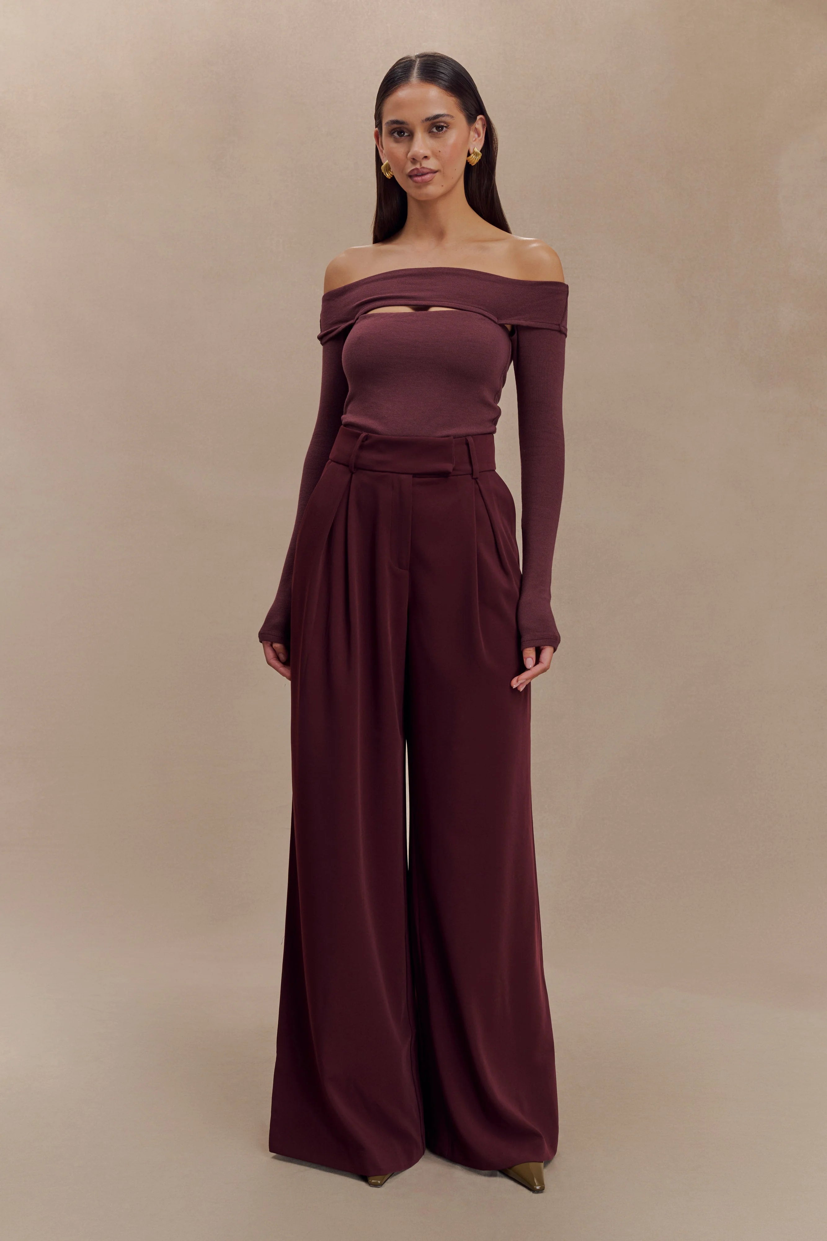 Jacqueline Pleated Wide Leg Pants Mahogany