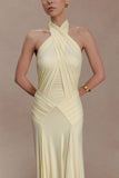 Indira Gathered Slinky Halter Maxi Dress Lemon
