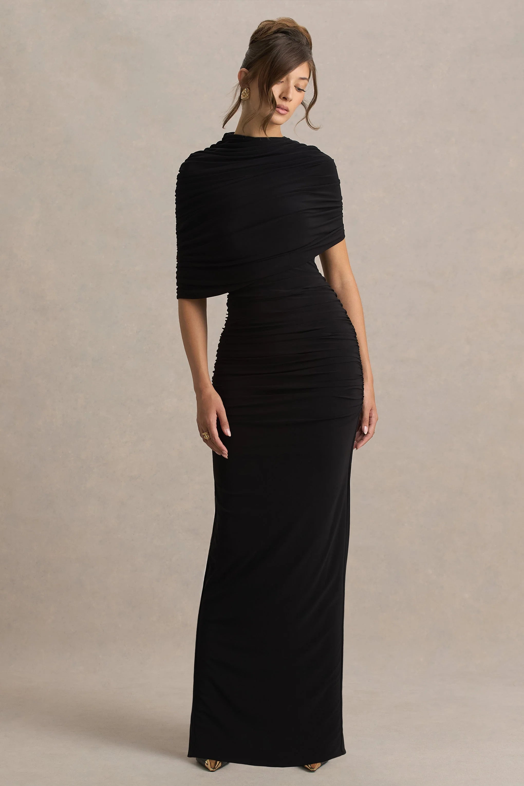 Glitz Black High Neck Maxi Dress With Cape Sleeve and Ruched Detail