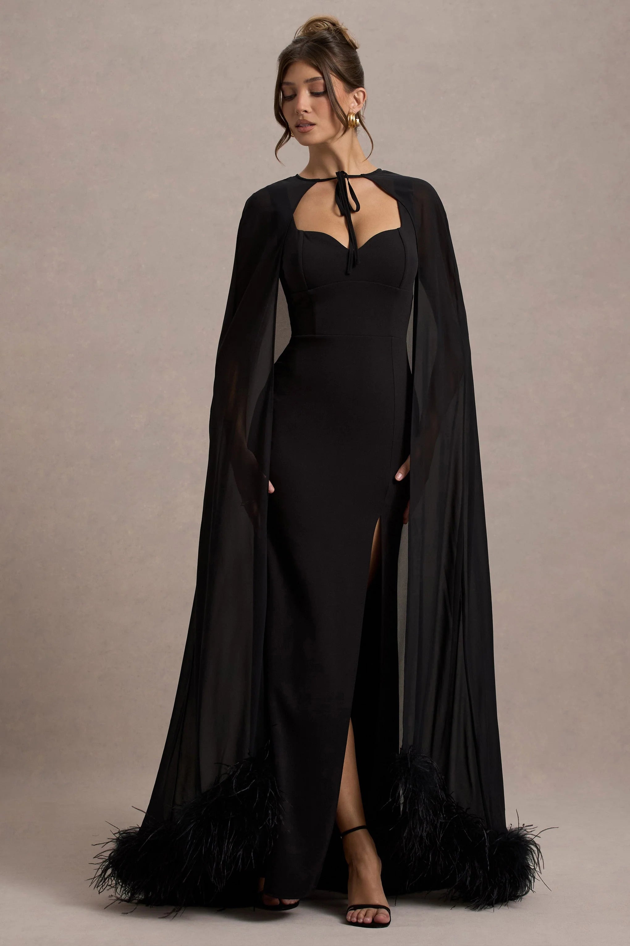 Veranna Black Chiffon Cape with Fur Trim