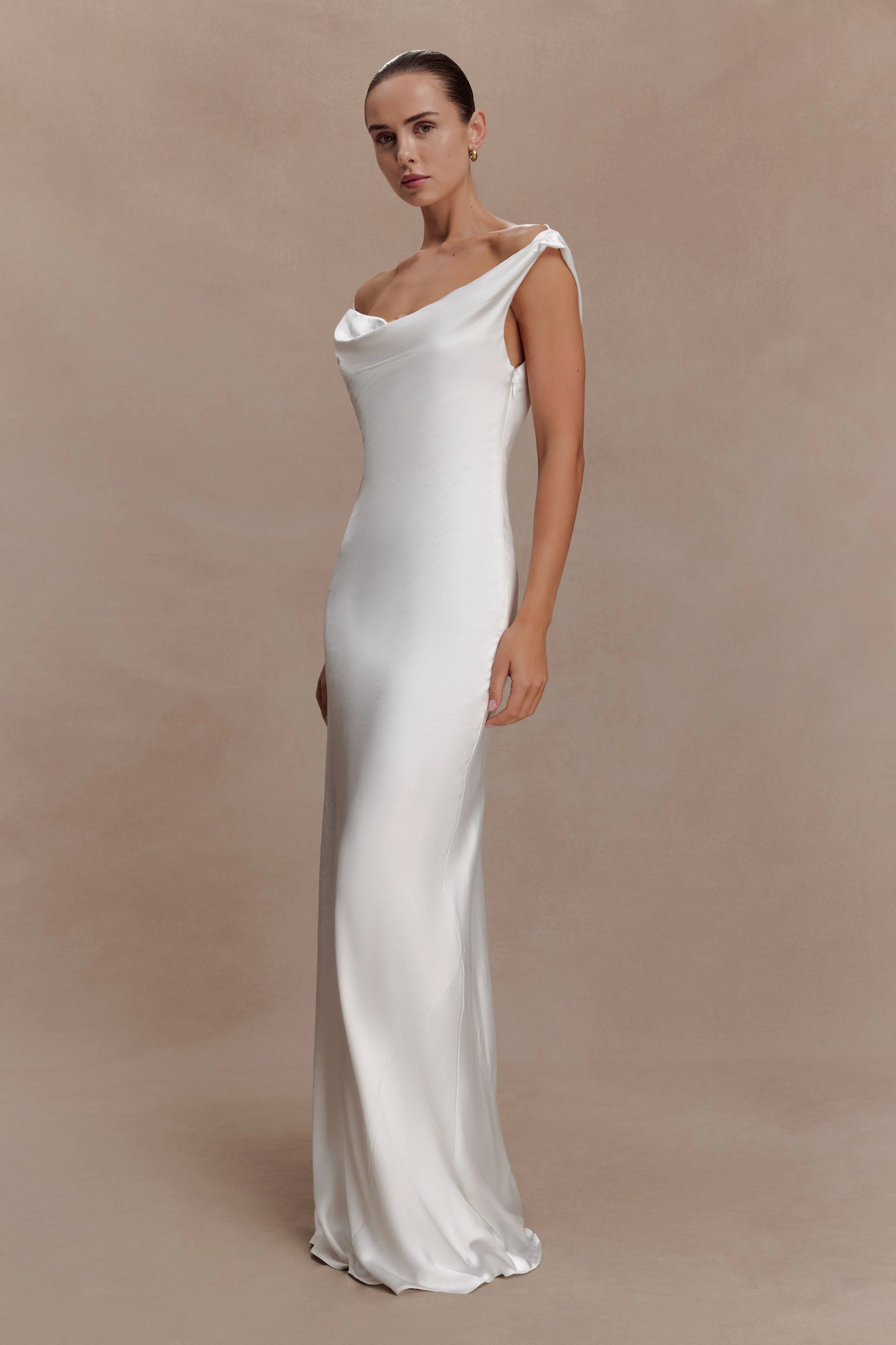 Ashley Cowl Neck Lace And Satin Maxi Dress Ivory