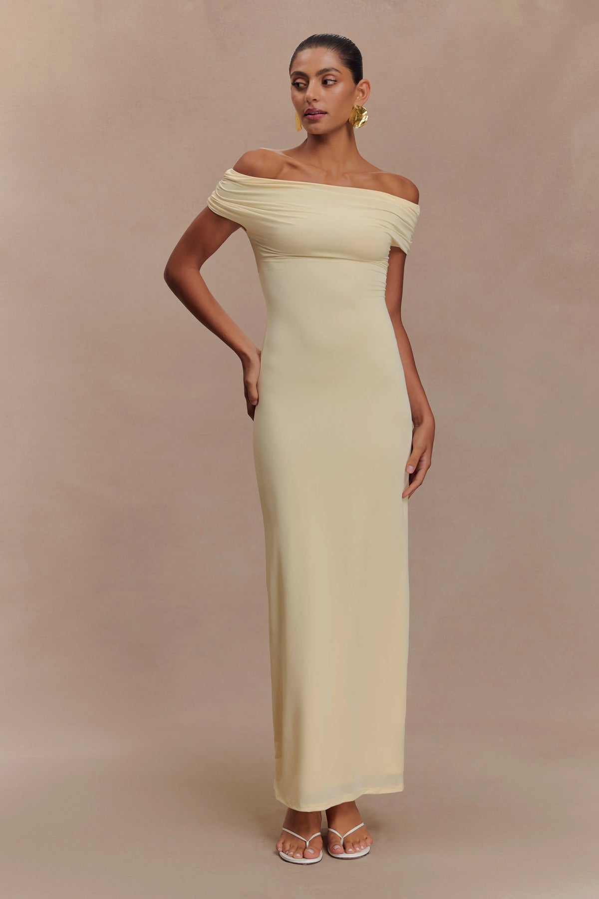 Imogen Off Shoulder Slinky Maxi Dress Lemon