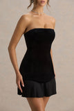 Valentina Black Velvet Bandeau Mini Dress With Pleated Detailing
